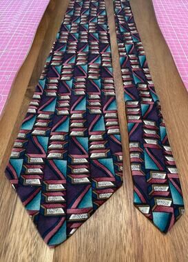 VINTAGE Monterey Bay Silk Tie Handmade USA Books Abstract Geometric Mens Necktie